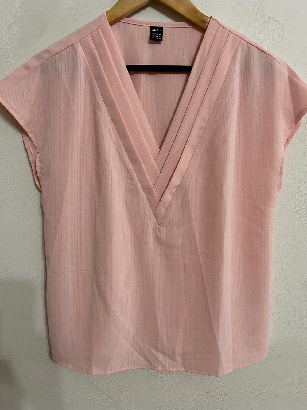 SHEIN Soft Pink V-Neck Pleated Cap Sleeve Blouse Size M pit to pit 19